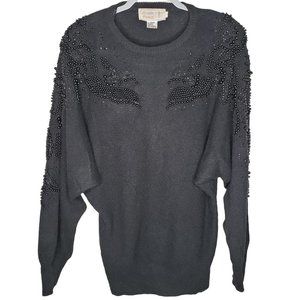 Vivien Forest Vintage Angora Lambswool Black Sweater with Beading Size L